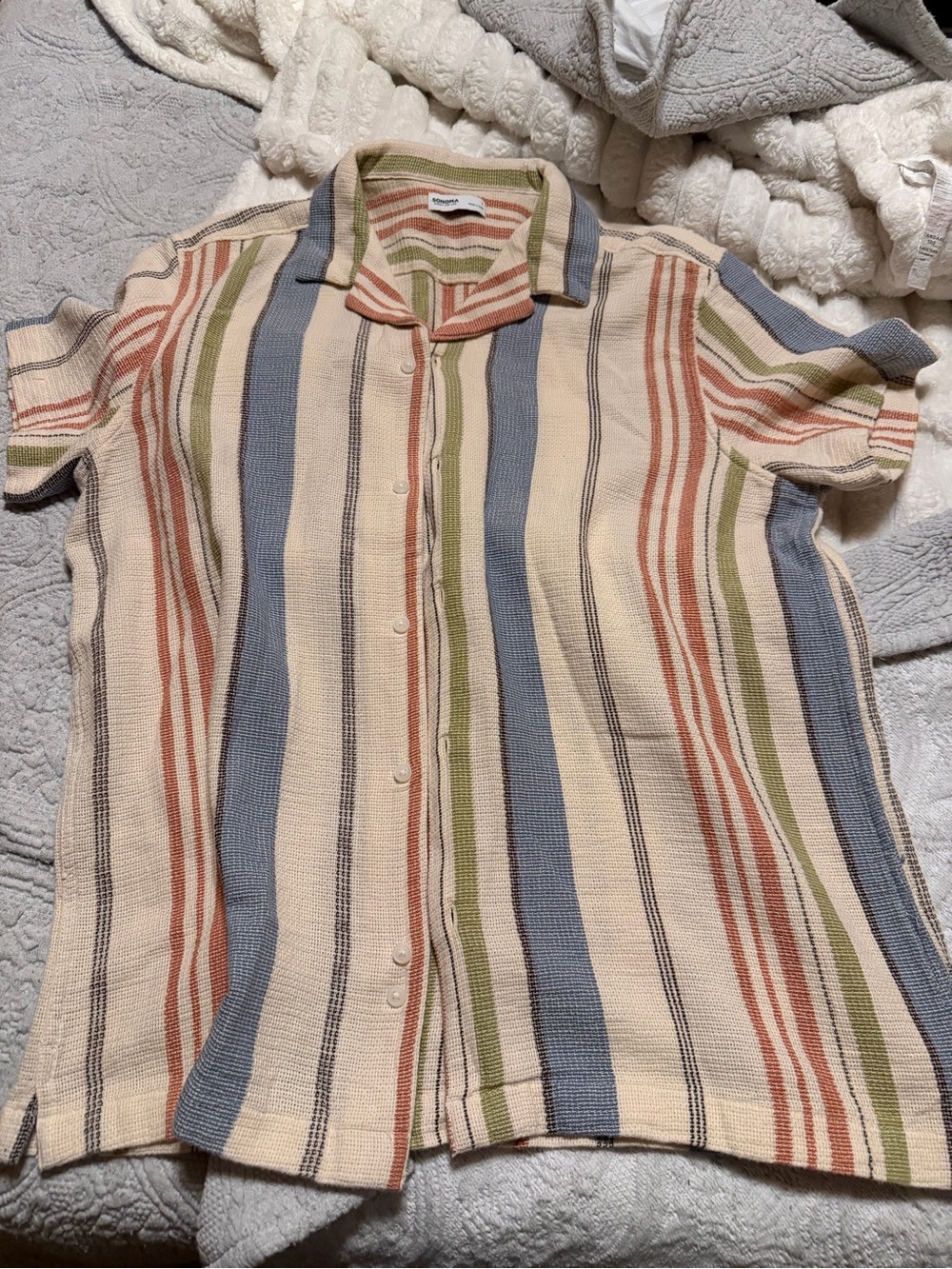 Men's Striped Button-Up Shirt - Cream with Blue, Green & Rust Stripes